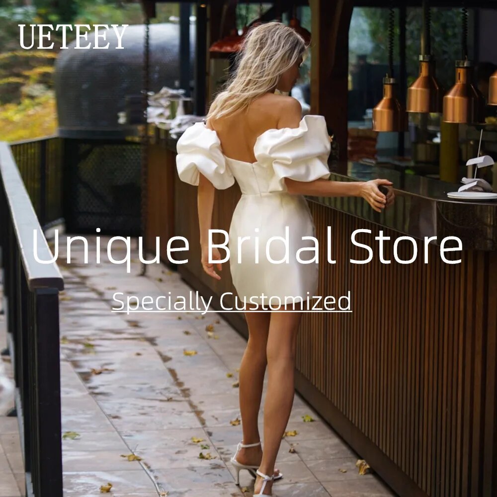 UETEEY Short Mermaid Cocktail Dress Short Puff Sleeves Weeding Party Dresses Zipper Back 2022 Sweetheart Bride Gowns Plus Size