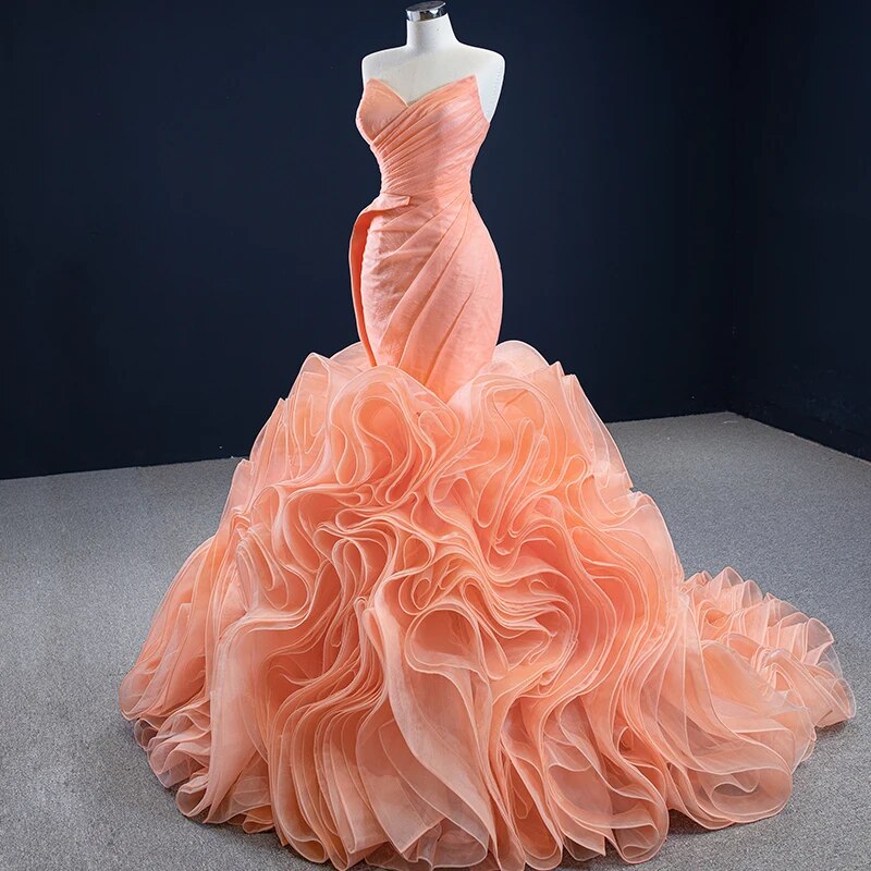 RSM67212 Orange Ruffled Heart-shaped Collar Slim-fit Prom Evening Dress 2021 Back Lace-up Design Women's Cocktail Dress