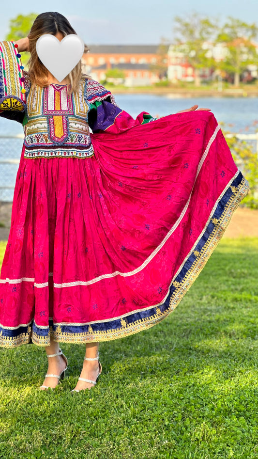 Fuscia Pink - Gul Bakhmal Afghan Dress