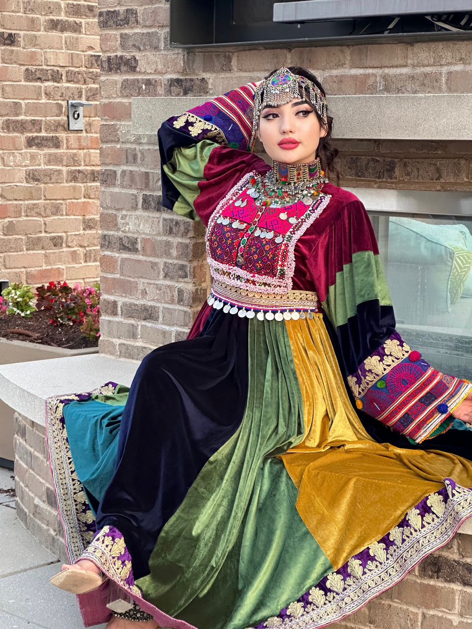 Multi Color Bakhmal Afghan Dress