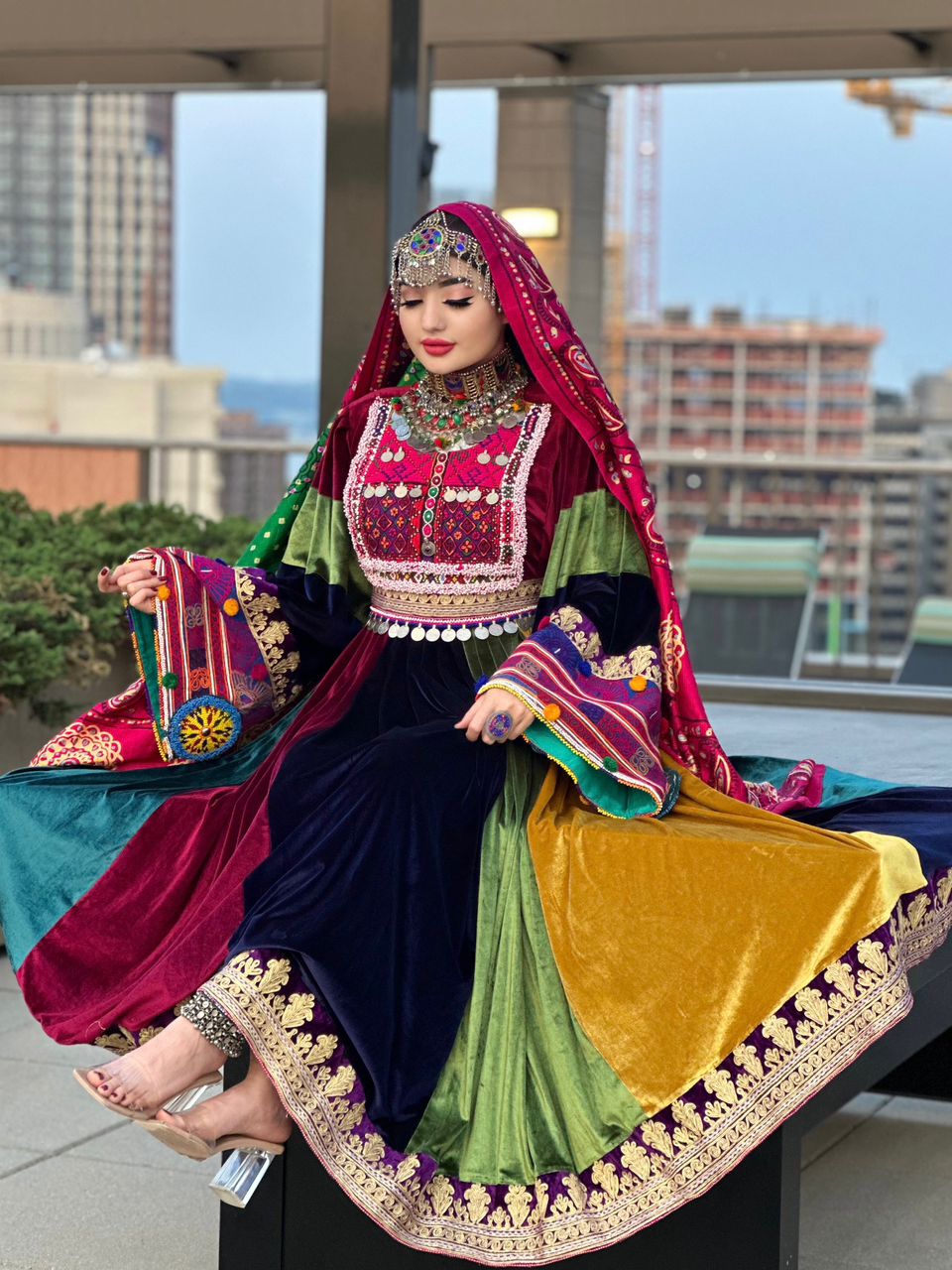 Multi Color Bakhmal Afghan Dress