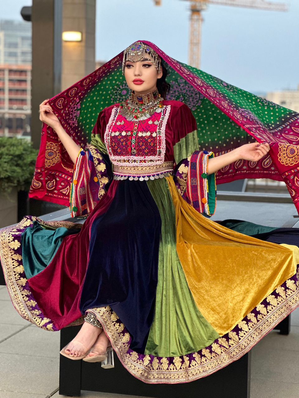 Multi Color Bakhmal Afghan Dress