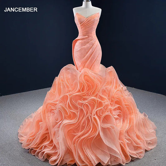 RSM67212 Orange Ruffled Heart-shaped Collar Slim-fit Prom Evening Dress 2021 Back Lace-up Design Women's Cocktail Dress