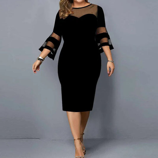 Plus Size Women Clothing Sexy Slit Mesh Patchwork Elegant Evening Party Ladies Dresses Autumn Fashion Solid Midi Dress Vestidos