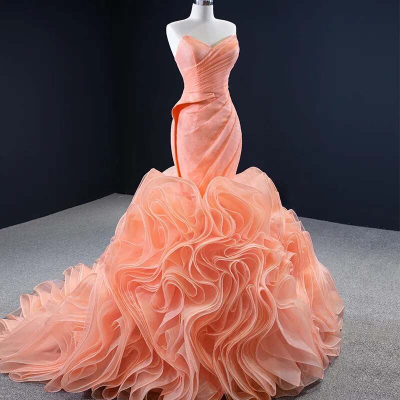 RSM67212 Orange Ruffled Heart-shaped Collar Slim-fit Prom Evening Dress 2021 Back Lace-up Design Women's Cocktail Dress