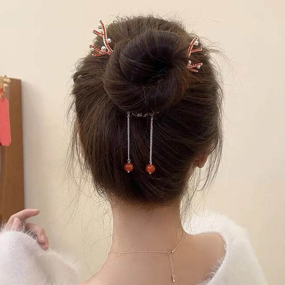 Haimeikang New Festival Hairpin Girls Women Christmas Elk Horn Tassel Ponytail Button Hair Clip Golden Fashion Hair Accessories