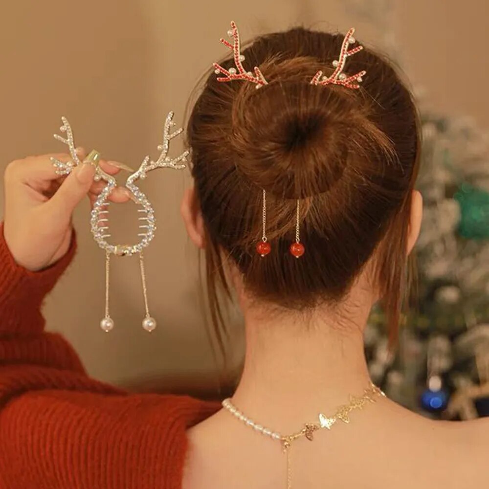Haimeikang New Festival Hairpin Girls Women Christmas Elk Horn Tassel Ponytail Button Hair Clip Golden Fashion Hair Accessories